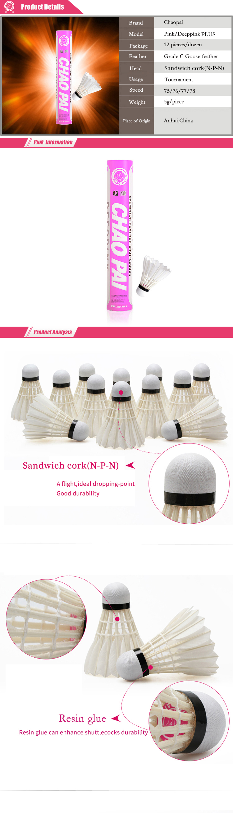 CHAOPAI DEEPPINK PLUS Grade C Goose Feather Shuttlecock Construction