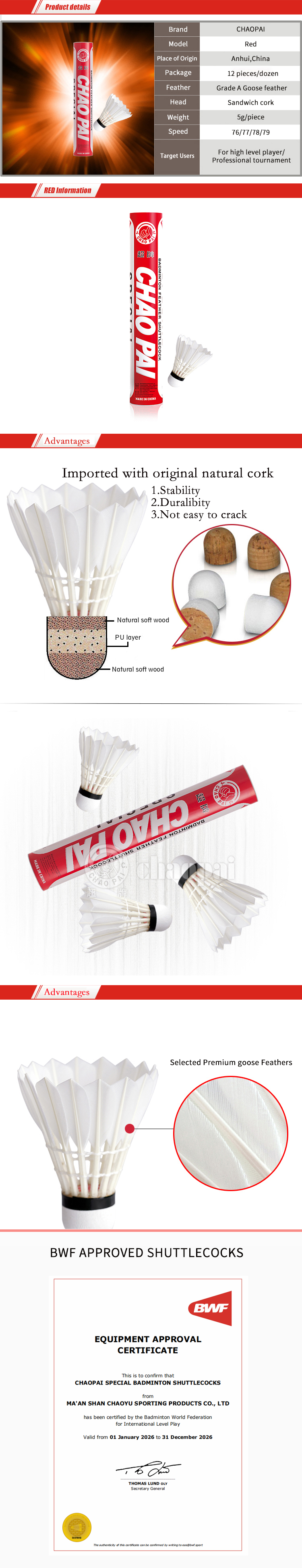 CHAOPAI Special BWF Approved Tournament Shuttlecock with Grade A Goose Feathers